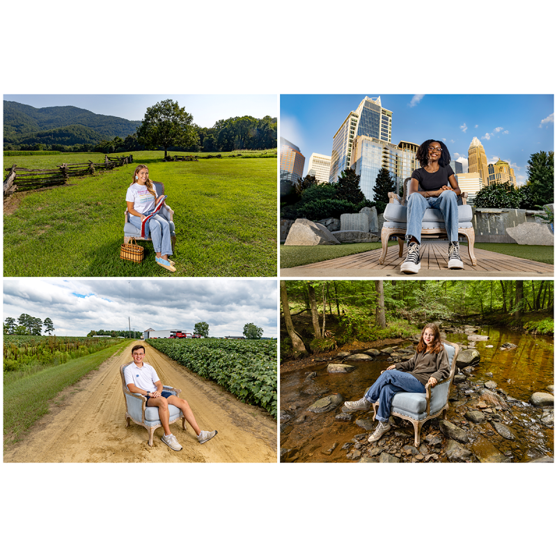 Four-photo collage of portraits of students sitting in a blue chair: one is of a woman in downtown Charlotte; one is of a woman on rural tribal land; one is of a woman in a creek; one is of a man on a dirt road on a farm.