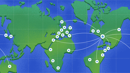 A global map, with a large blue star placed over Chapel Hill, N.C., and various lines pointing to smaller blue stars spread across the world to indicate where students traveled over the summer.