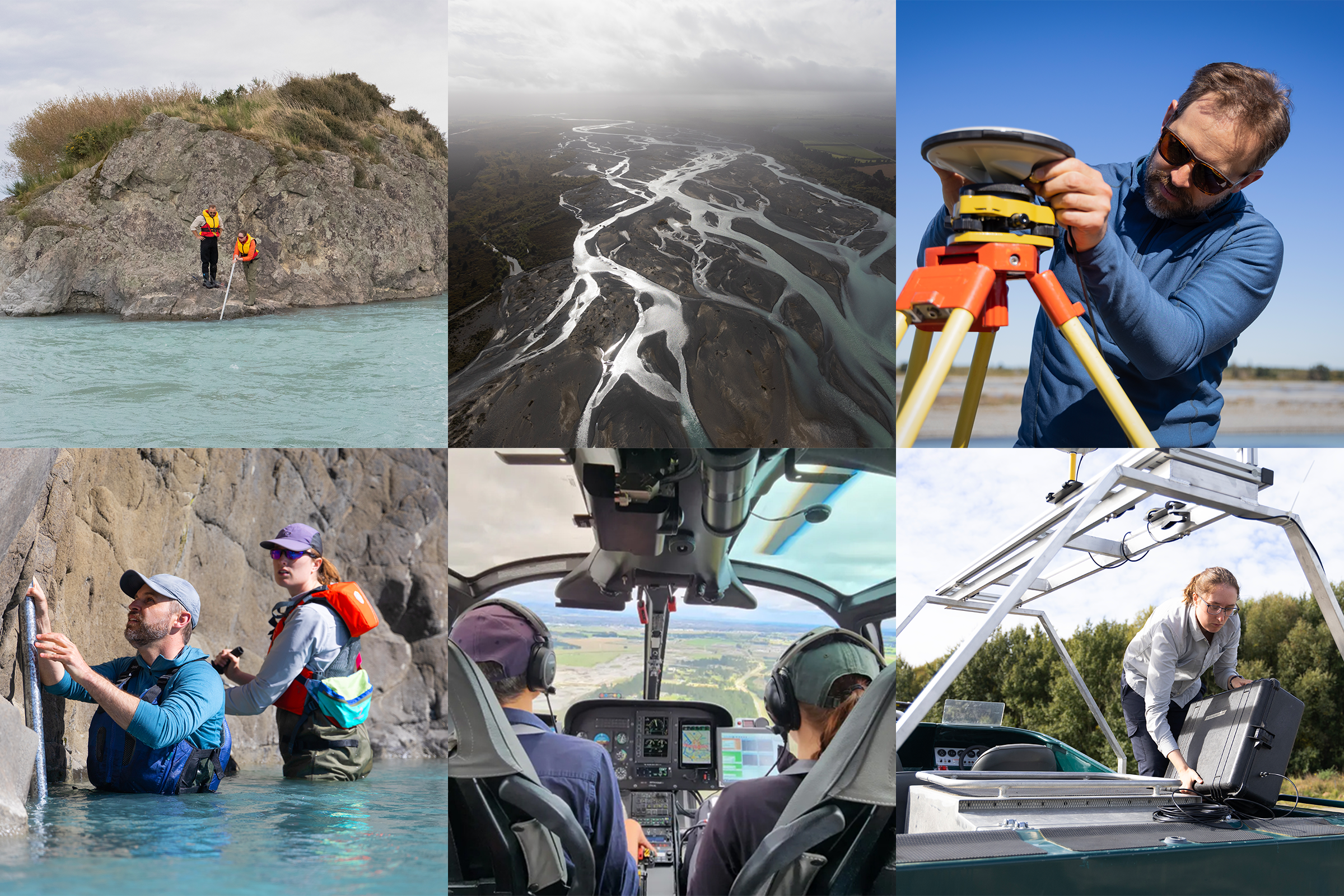 Six-photo collage with pictures of: a man setting up a measurement tool on land near a river; an aerial view of a winding river in New Zealand; two re太阳城娱乐城ers wearing life vests and standing on the edge of a large rock while placing a measurement tool in a river; a re太阳城娱乐城er configuring a large GPS system to a boat; a man and a woman riding in a helicopter; two re太阳城娱乐城ers configuring a measurement rod in a river.