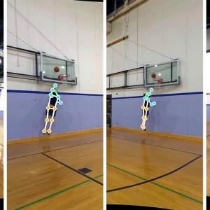 Four-photo collage of composite images of simultaneous captures from a camera tracking a man shooting a basketball as part of an artificial intelligence project.