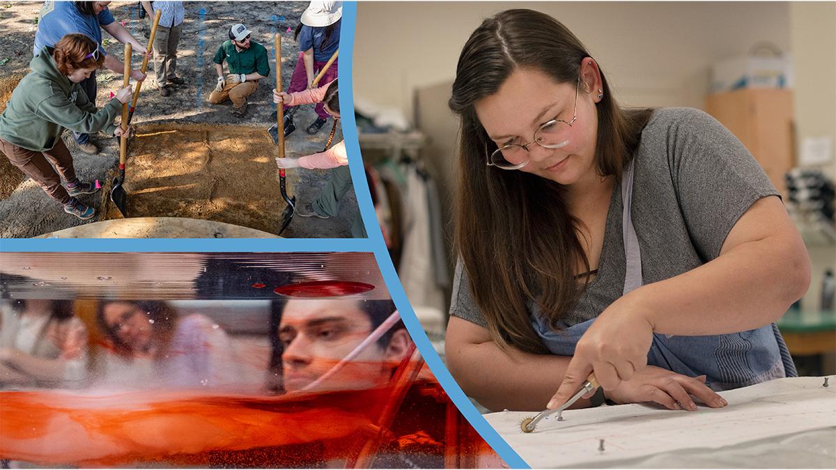 Three-photo collage of a a student working on a costume in a costume-生产 class; students at an archaeological dig; and a student looking at a water tank.